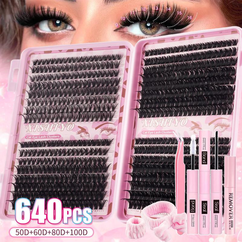 Large Capacity Mixed Styles Cluster Eyelash Set, D Curl Design, DIY Personal False Lashes Kit with Glue and Adhesive, Daily Use Party Use
