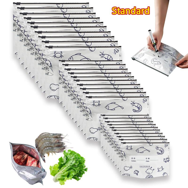 【Refrigerated Food】Reusable Aluminum Foil Sealable Storage Bags, 2025 New Resealable Vacuum Zipper Pouches for Food, Stand up Foil Sealable Bags with Label and Zip Lock for Vegetable Fruit Meat