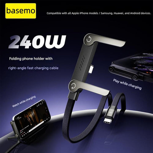 Basemo Invisible Holder Charger Cable with Stand, 240W Super Fast Charging 2-In-1 Fast Charging Cord & Phone Stand for Gaming, Office, Car Travel, Compatible with Iphone Samsung Type-C Charging Cable Black