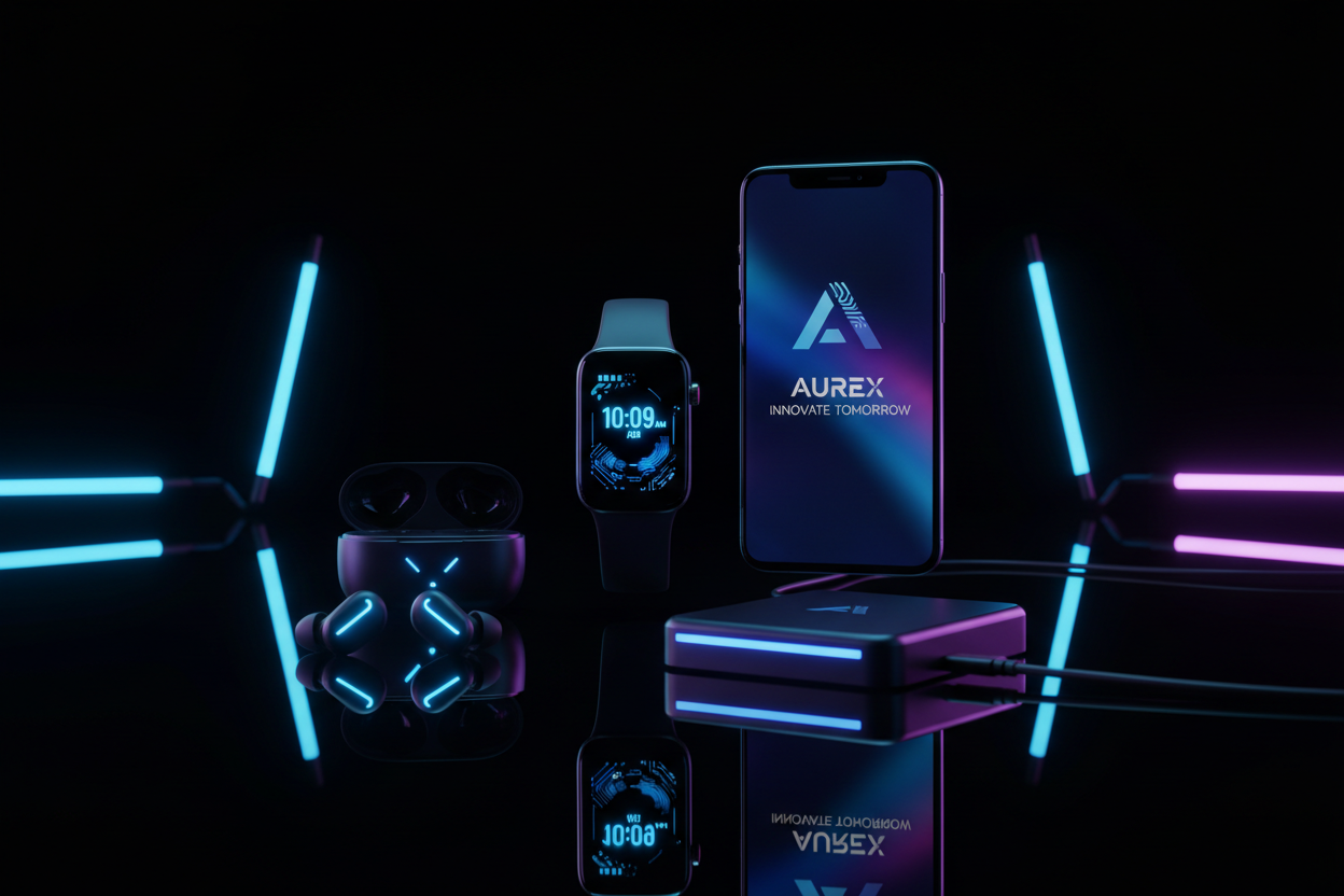 A sleek, futuristic tech homepage hero image for an electronics brand called AUREX. Minimalist dark background with subtle blue and purple neon lighting. Premium electronic gadgets displayed cleanly (smartwatch, wireless earbuds, smartphone, charging dock). Modern reflections, soft glow, high contrast. Cinematic lighting, ultra-high quality, professional e-commerce style. No people. Clean, luxury, futuristic, tech-focused.